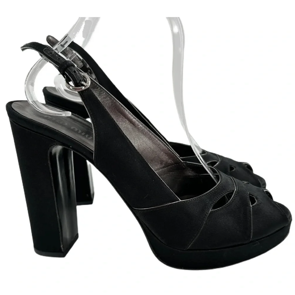 Miu Miu heels 40 black satin sling back chunky platforms vintage y2k formal